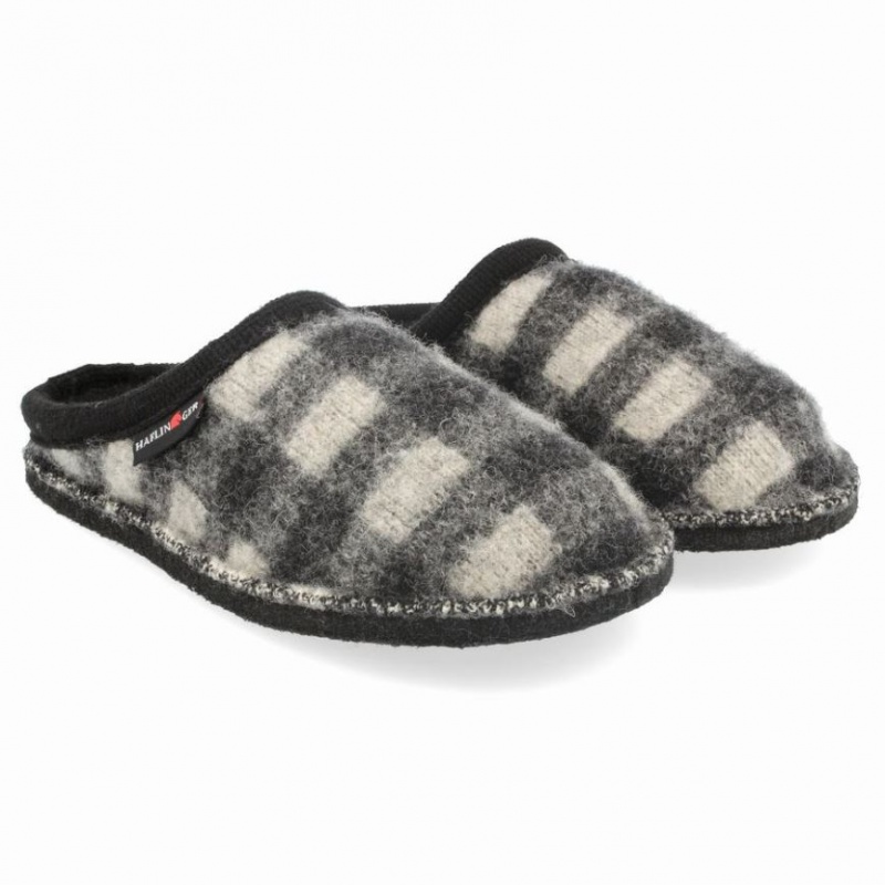 Men\'s Haflinger PLAID Slippers Black / White | NZ VSR145